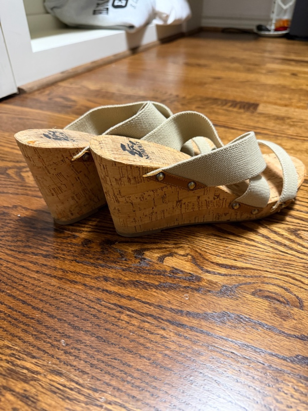 Nomad Beige Cork Wedge Mules. 8.5.
